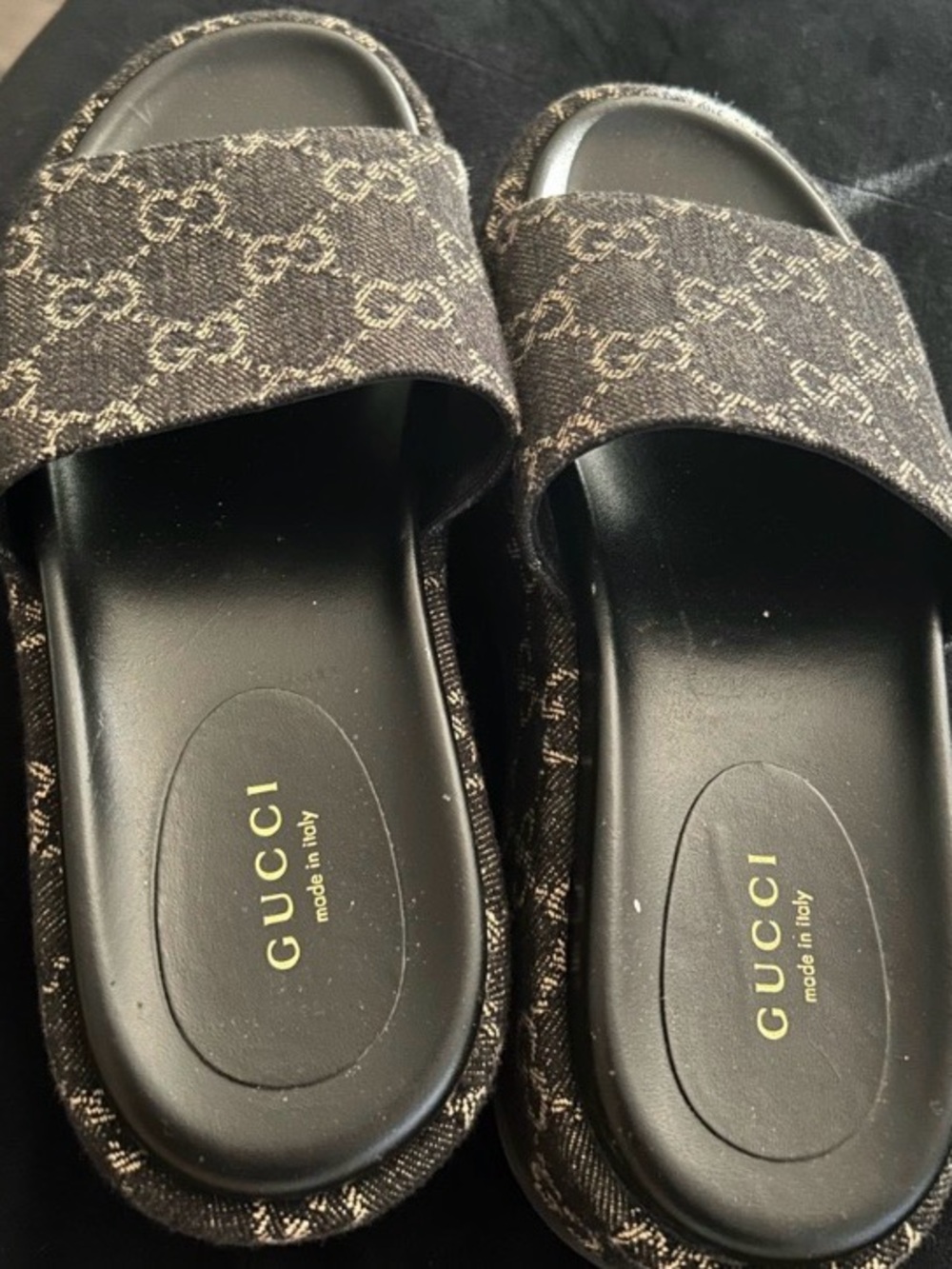Gucci Black and Brown GG Canvas Slide Sandals